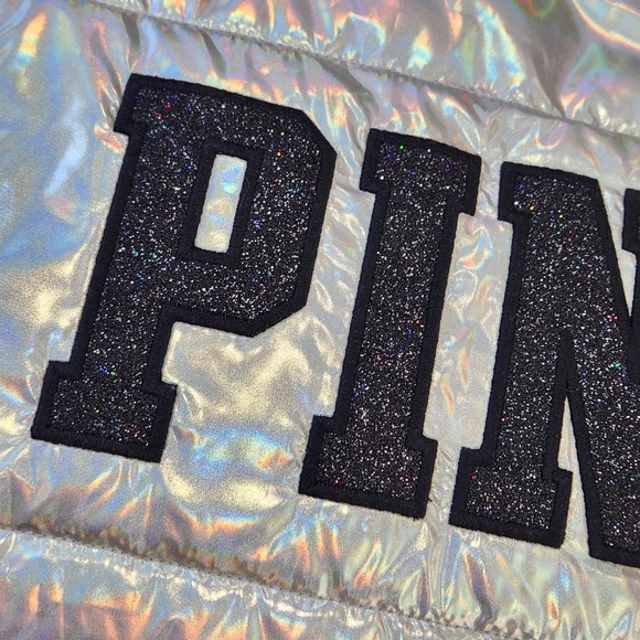 Victorias Secret PINK NWT Puffer Jacket L Metallic Silver 2017 Ltd. Edition Flaw - Picture 13 of 14